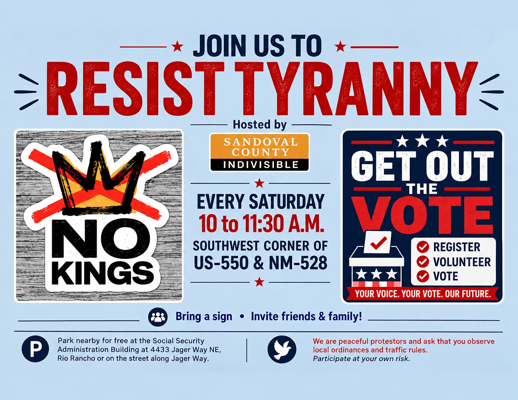 Resist Tyranny weekly protest - Saturdays at US-550 and NM-528 in Rio Rancho
